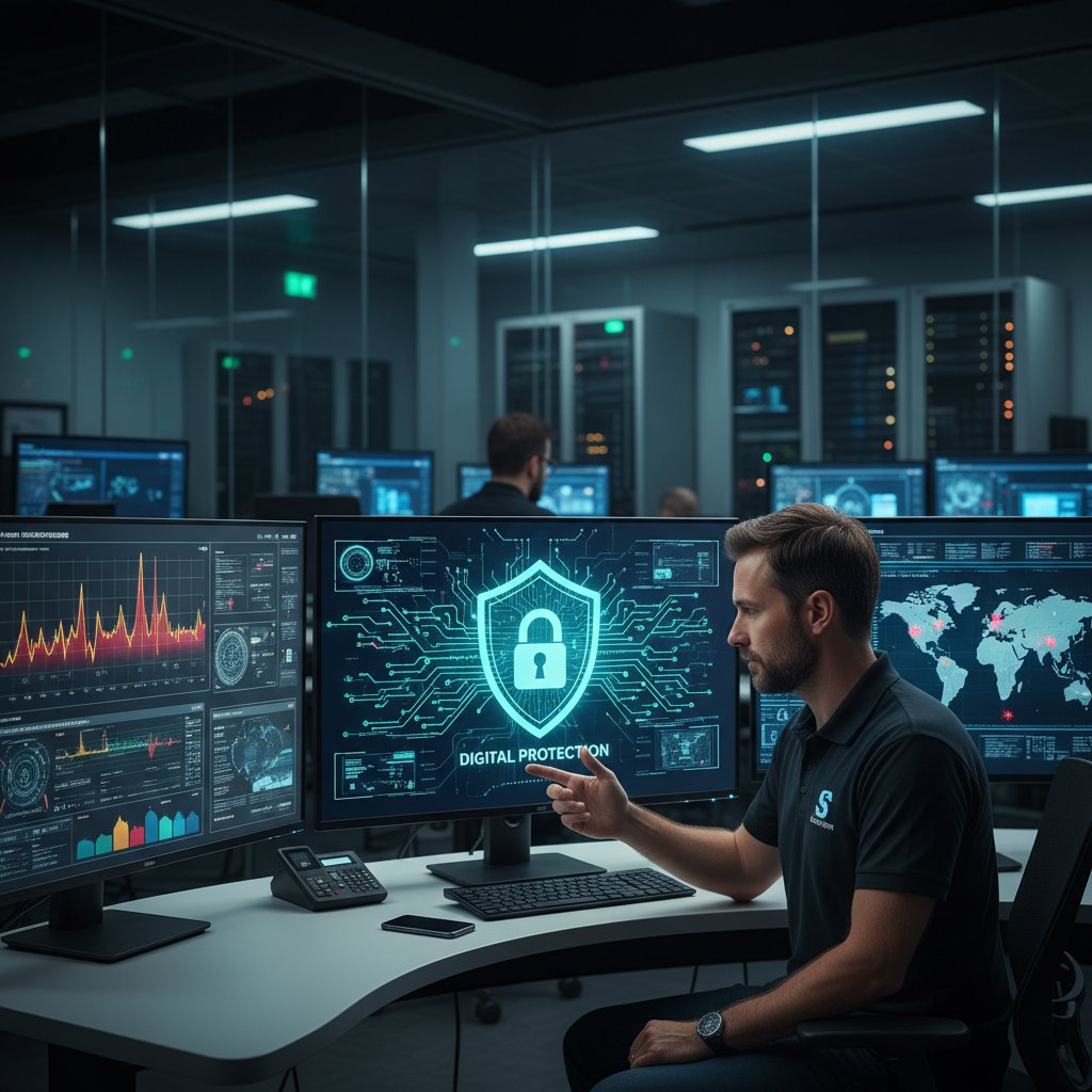 Specjalista IT nadzorujący centrum bezpieczeństwa cyfrowego