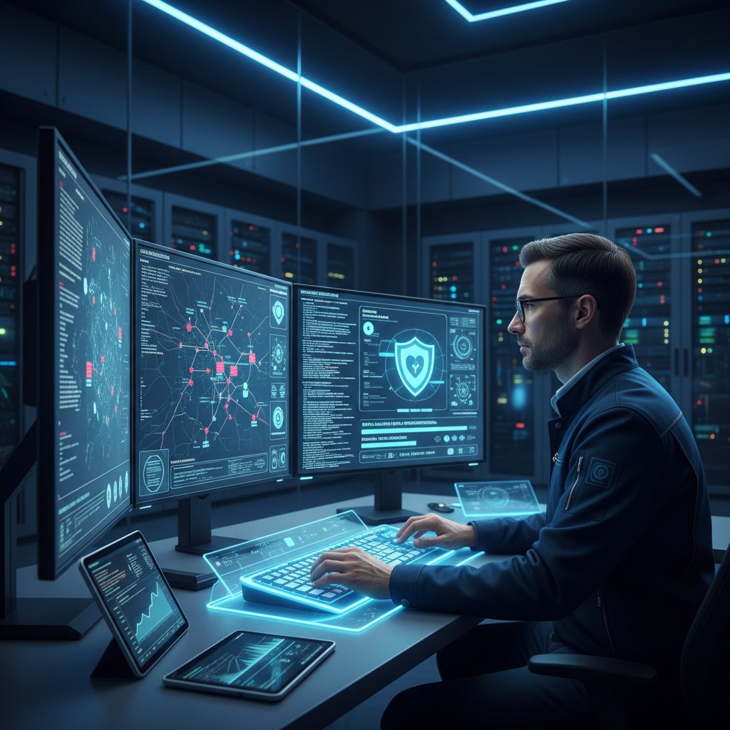 Specjalista IT monitorujący system zabezpieczający dane zdrowotne, cyfrowy ekran z ikonami zabezpieczeń