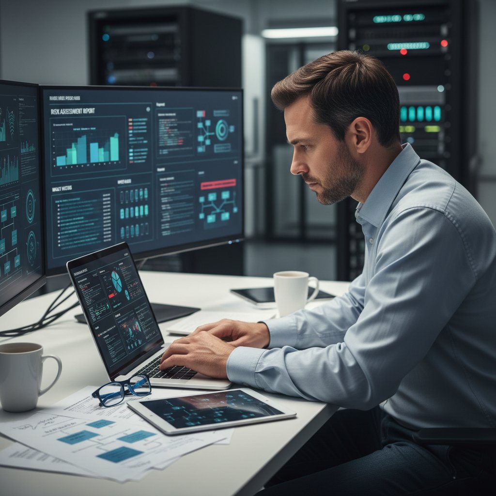 Specjalista IT analizuje ryzyko na laptopie, wykresy i notatki podczas planowania instalacji