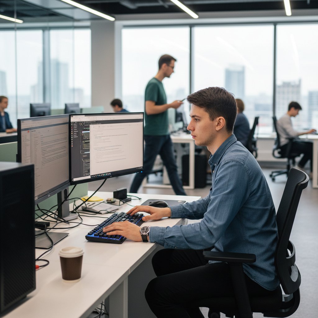 Specjalista IT pracujący z rosyjskim oprogramowaniem, komputer, profesjonalizm