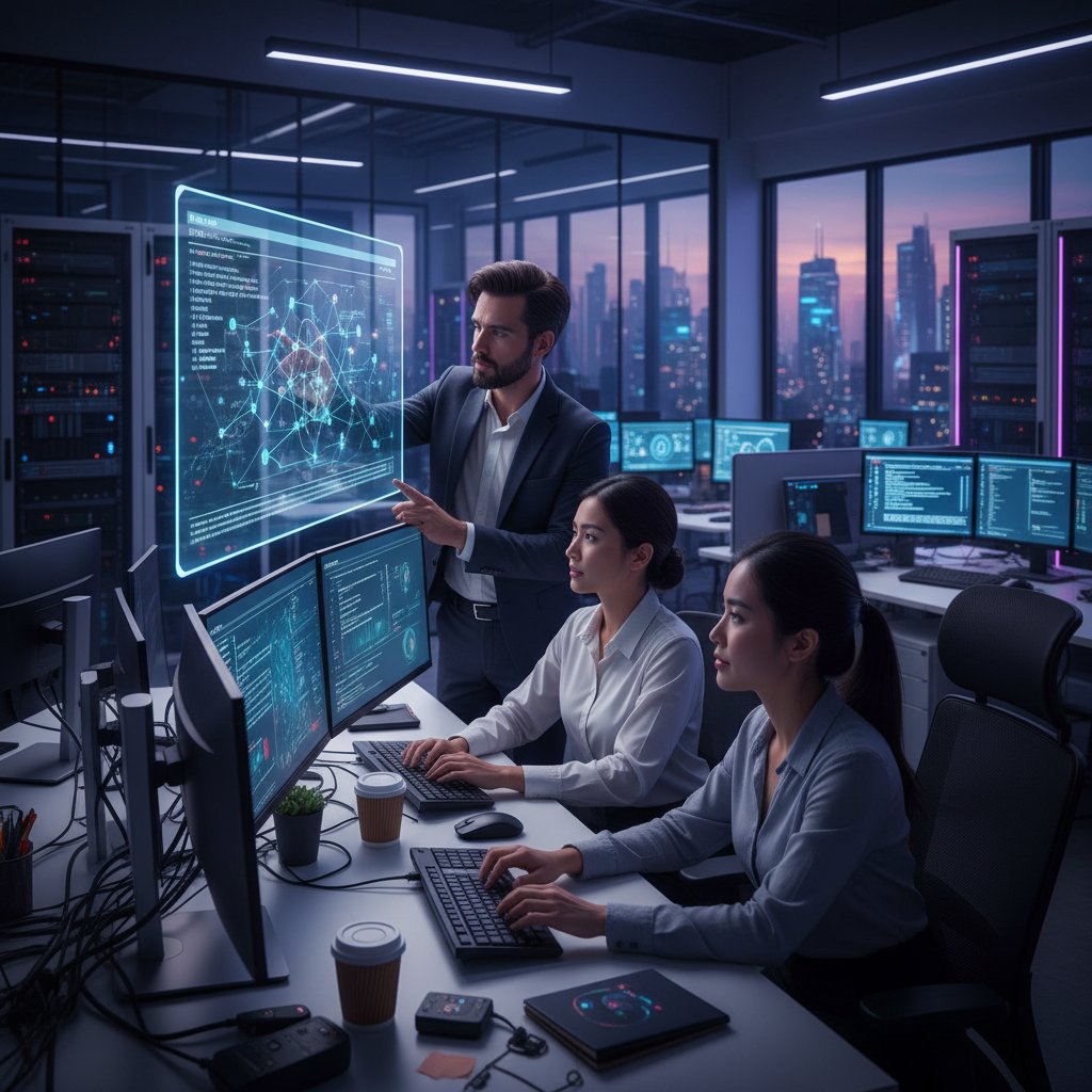Specjaliści IT pracujący nad algorytmami AI przy komputerach