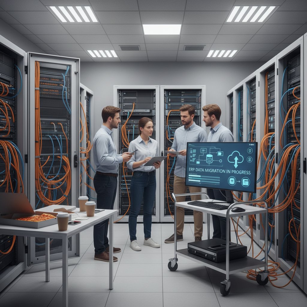 Specjaliści ds. IT pracujący nad migracją danych ERP w serwerowni