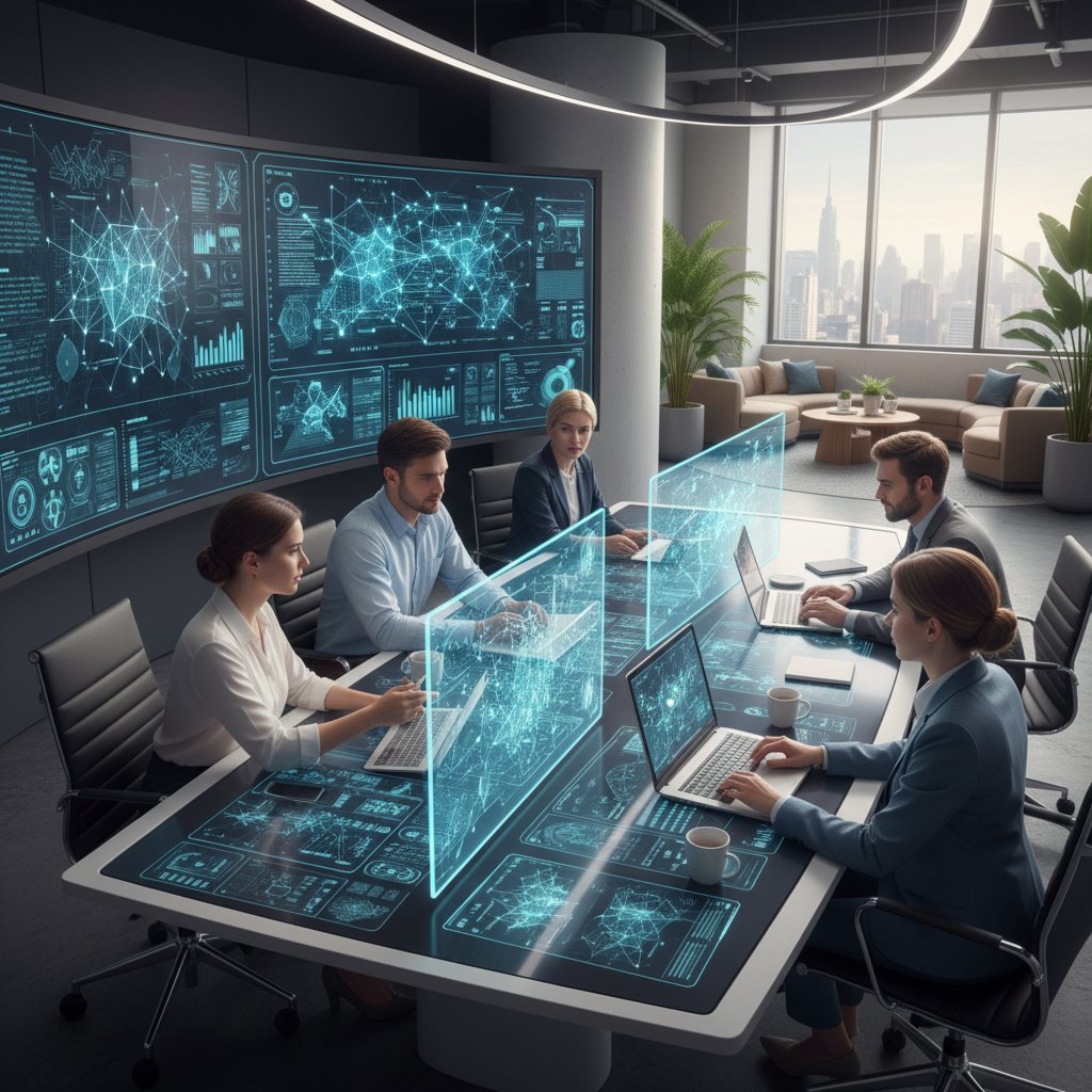 Personel IT analizujący oferty platform AI na laptopach w biurze