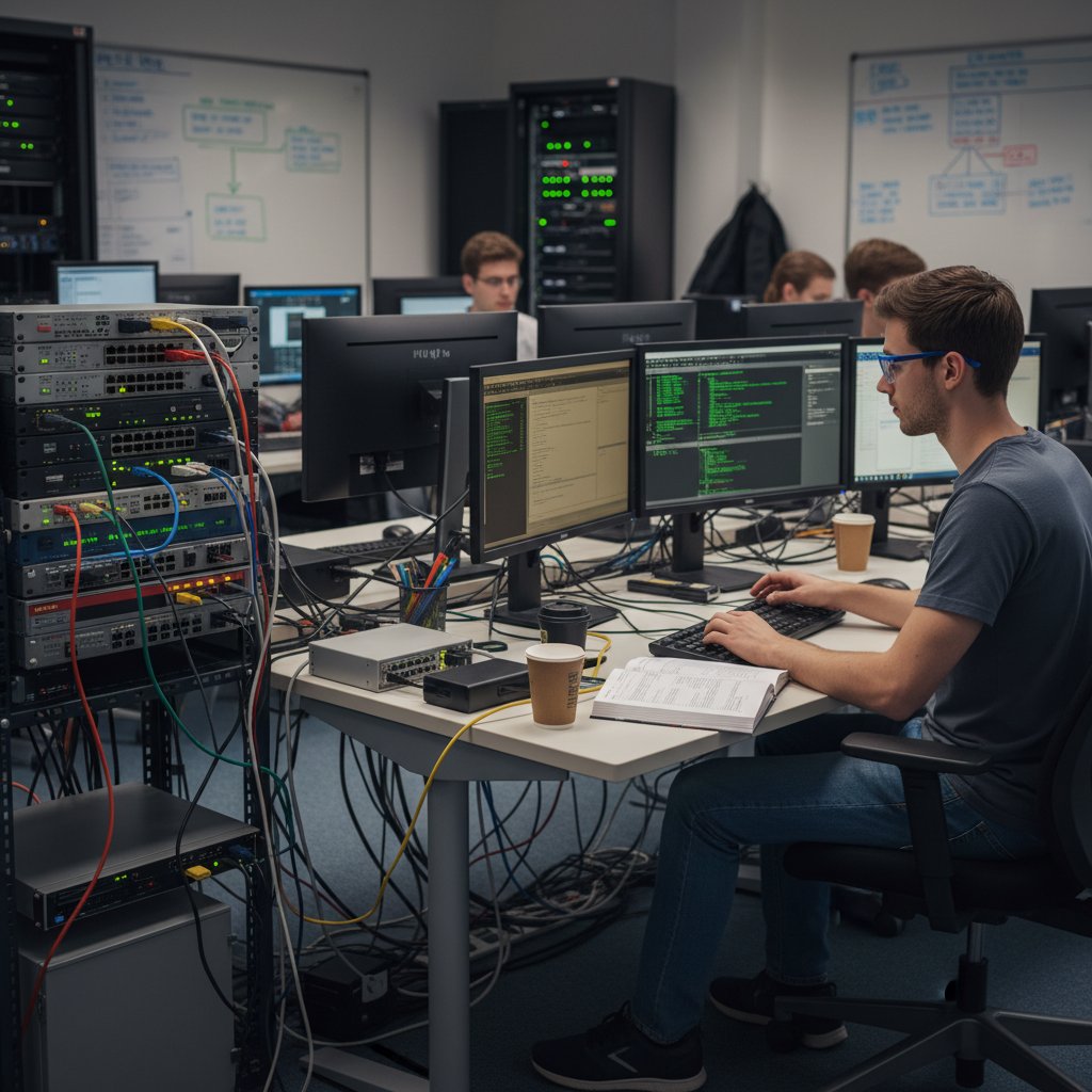 Kandydat konfiguruje rzeczywistą sieć komputerową podczas egzaminu praktycznego