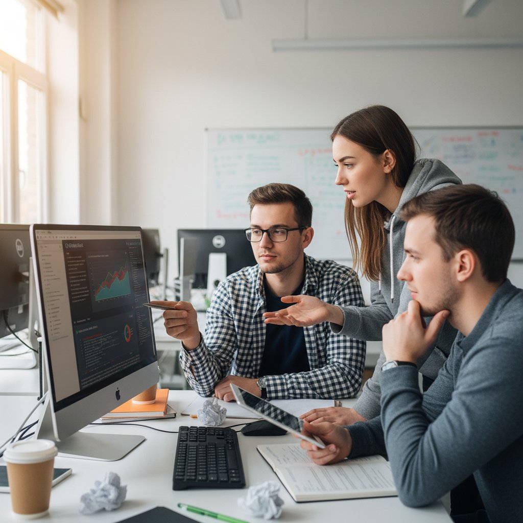 Technik informatyk analizujący wyniki egzaminu z kolegami w sali komputerowej