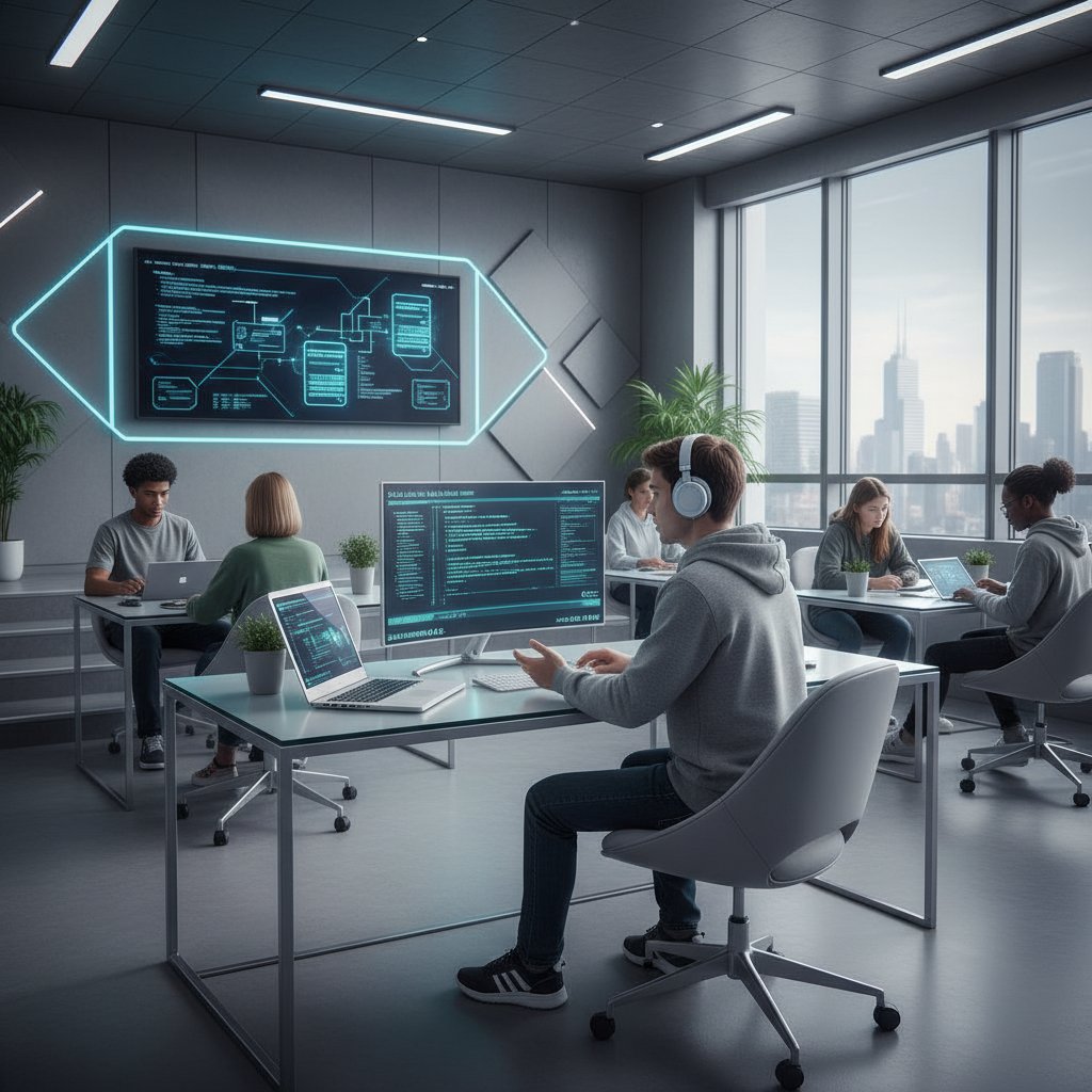 Uczeń informatyk przygotowujący się do egzaminu praktycznego w nowoczesnej pracowni IT