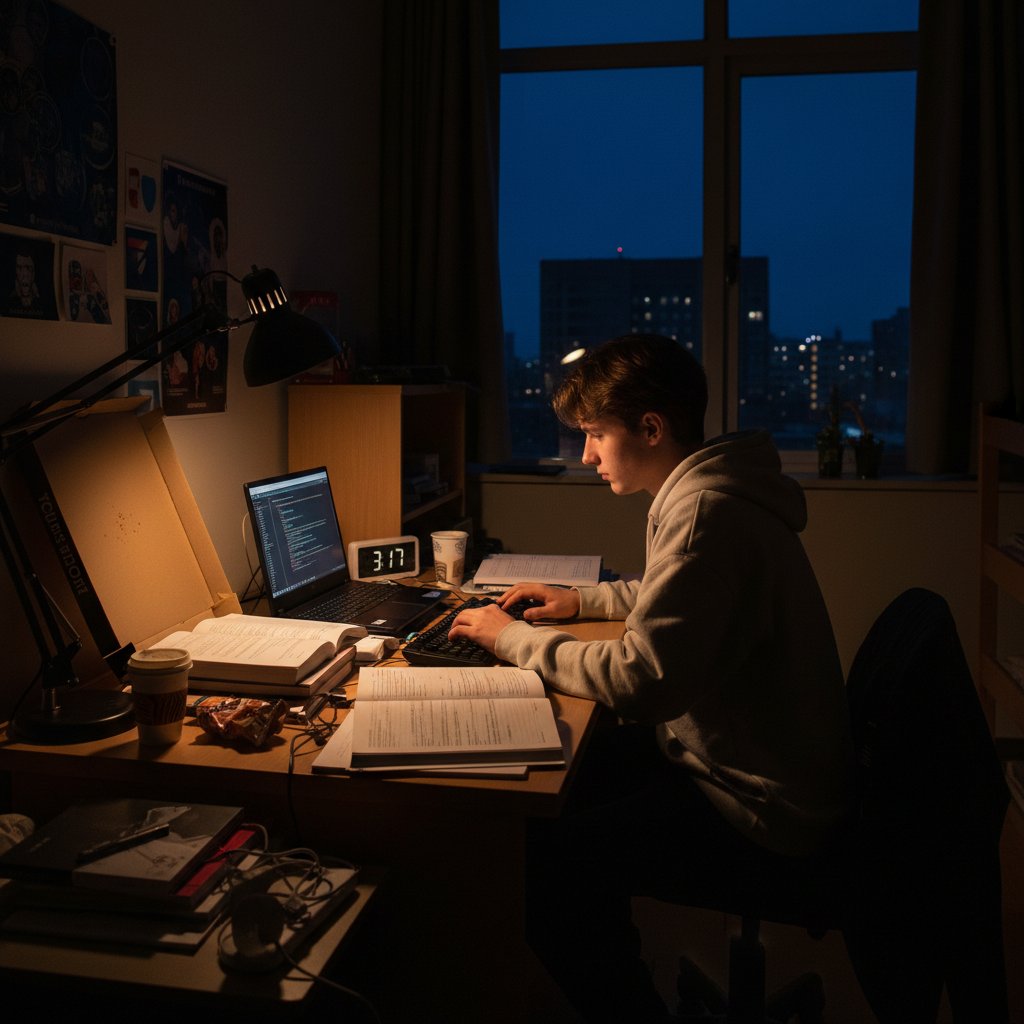 Uczeń informatyk pracujący wieczorem nad przygotowaniami do egzaminu z checklistą