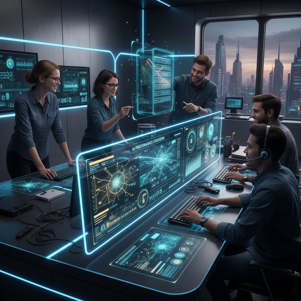 Zespół IT analizujący dane z systemu AI, pokazujący symbiozę człowieka i technologii w naprawach online