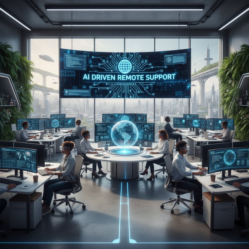 IT team collaborating with AI-driven remote support platform in a modern office