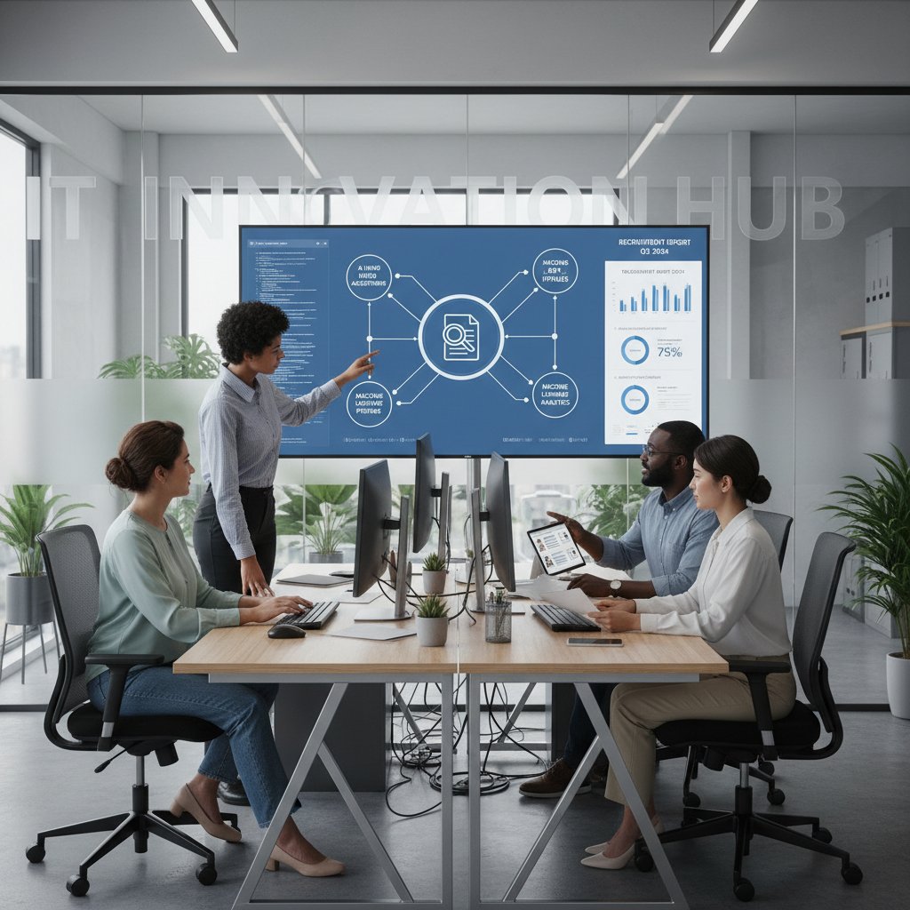 Zespół IT analizujący raport z algorytmicznej selekcji kandydatów, ekran pełen danych