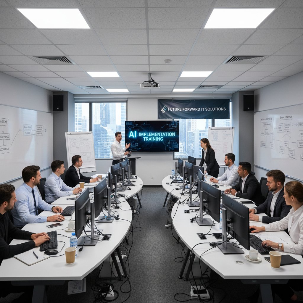 Zespół IT wdrażający narzędzie AI do analizy obrazu w nowoczesnej sali szkoleniowej, współpraca