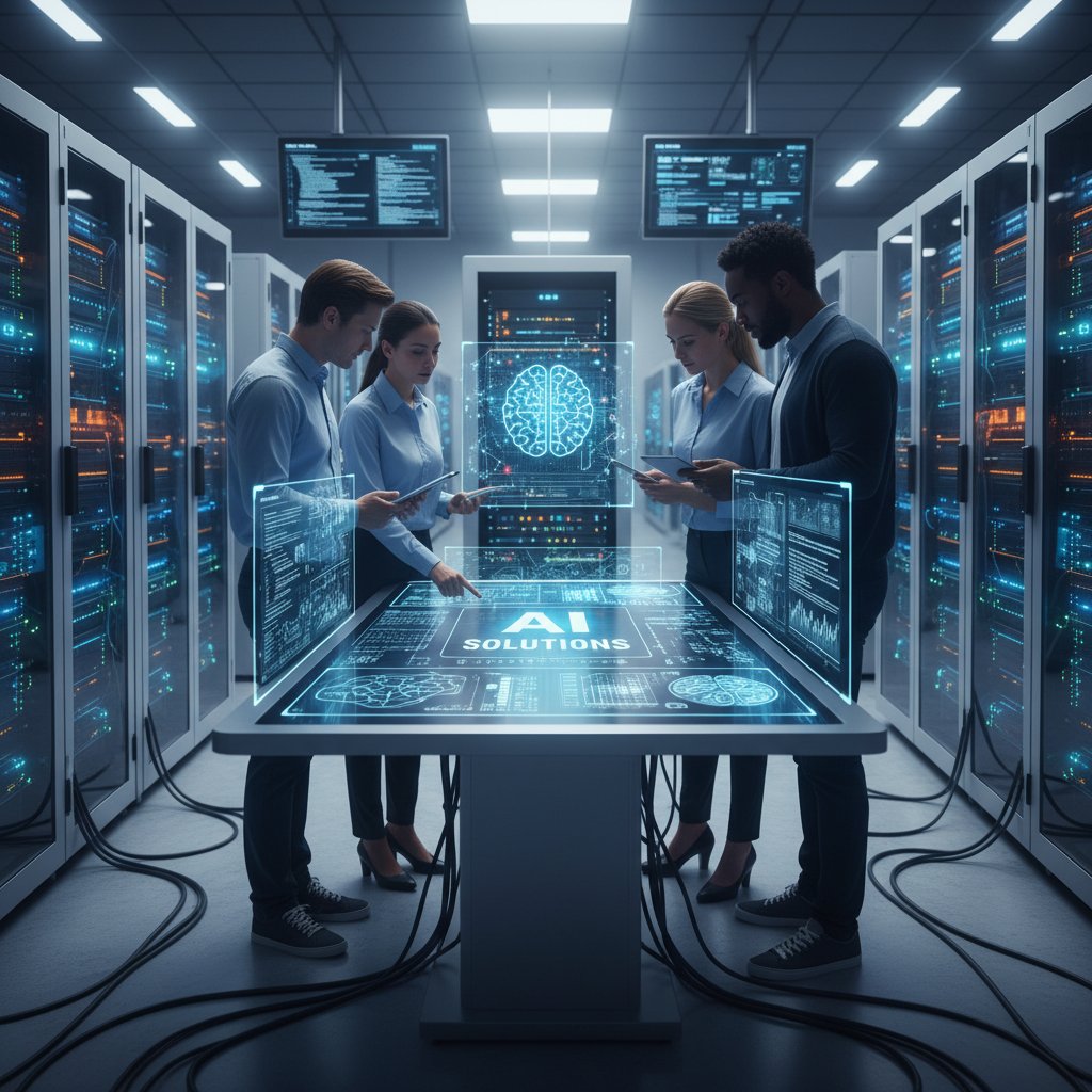 Zespół IT wdrażający rozwiązania AI w nowoczesnym centrum danych