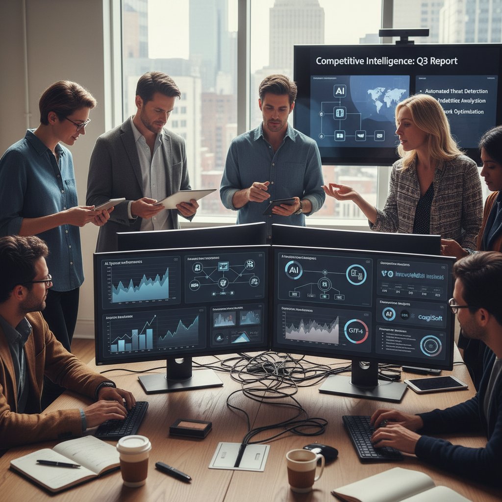 Zespół IT analizujący złożony system AI, pełne skupienie, narzędzia do monitorowania konkurencji na ekranie