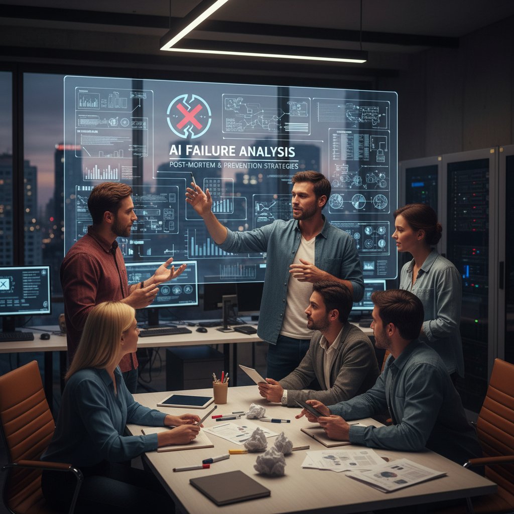 Ilustracja: zespół IT prowadzi burzę mózgów i analizuje porażki wdrożeń AI