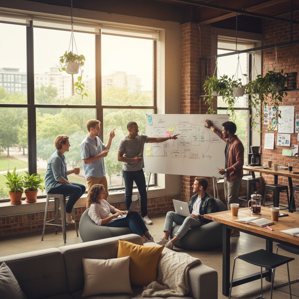 Zdjęcie zespołu IT podczas burzy mózgów, otwarta, szczera atmosfera, relacje w pracy