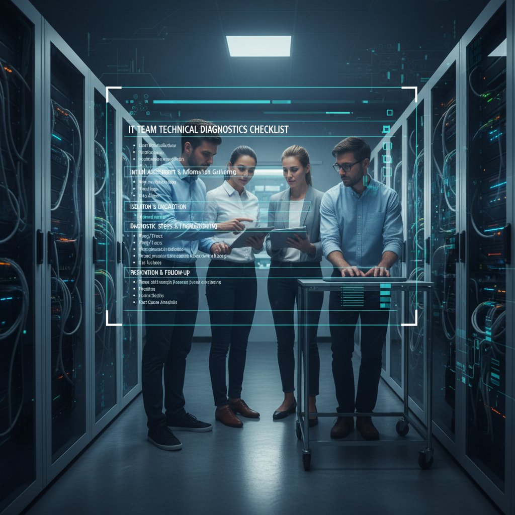 Zespół IT korzysta z checklisty podczas diagnostyki problemów technicznych