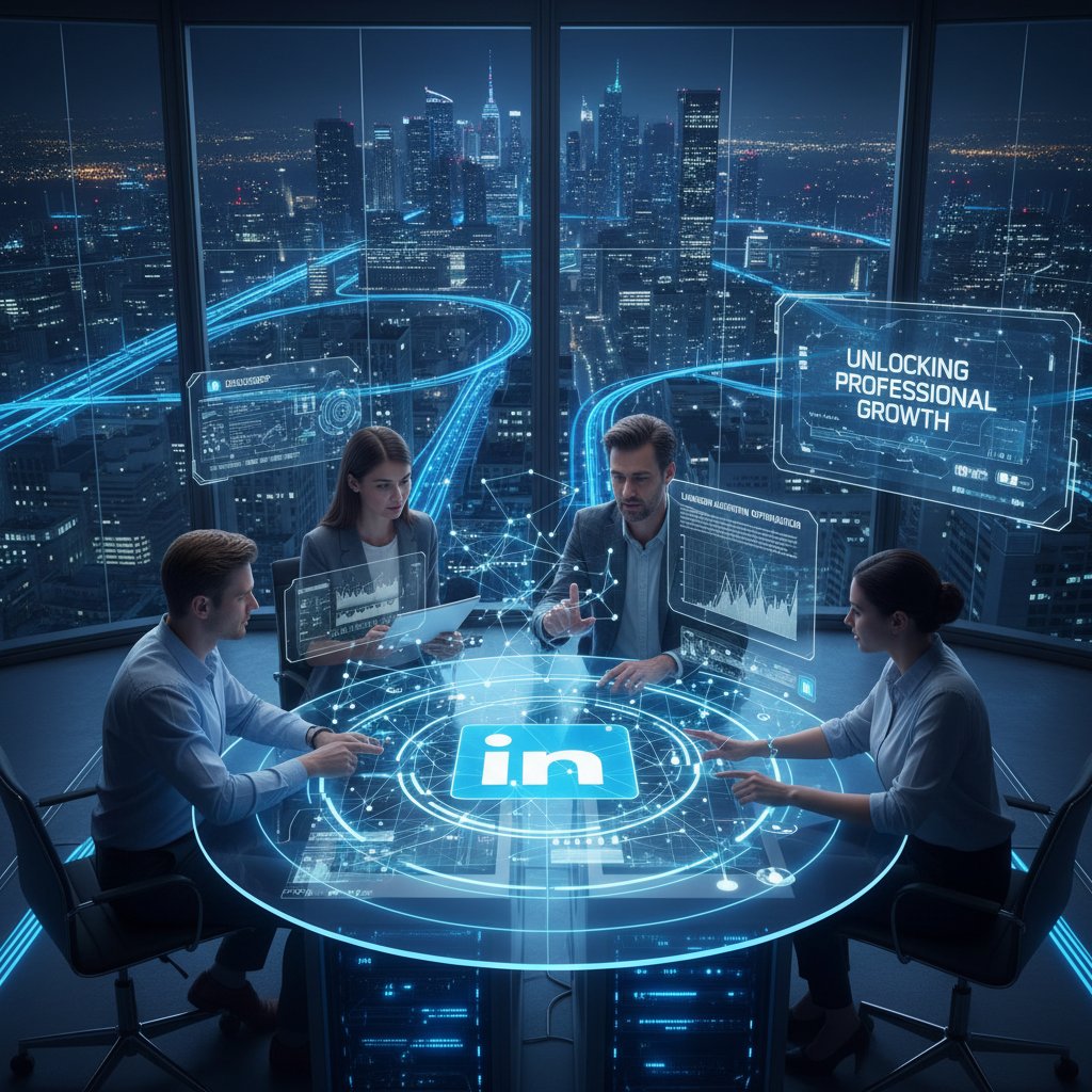 Nowoczesne biuro, zespół IT analizuje dane na ekranie, temat algorytmów LinkedIn