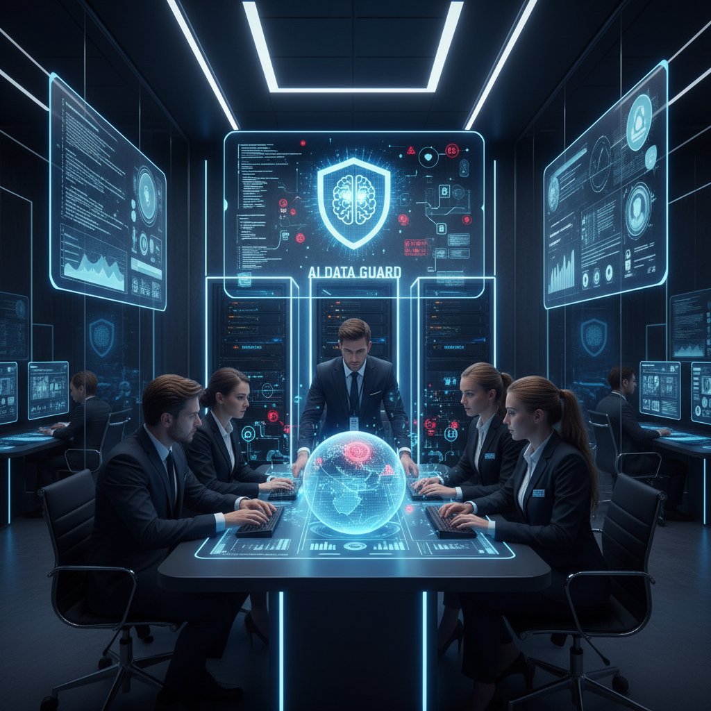 Zespół IT monitorujący bezpieczeństwo danych w biurze sprzedaży z AI