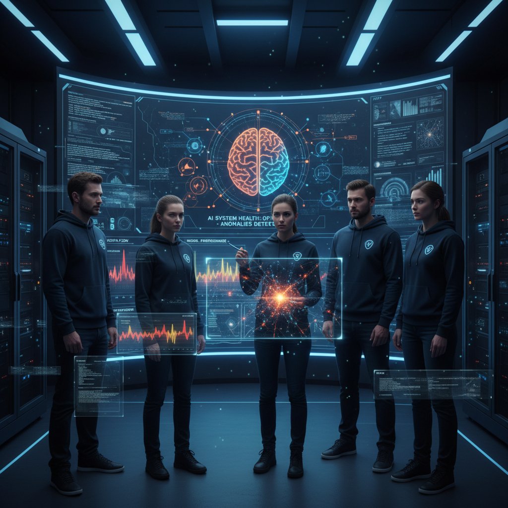 Zespół IT monitorujący ekrany z danymi i wizualizacjami AI, atmosfera skupienia