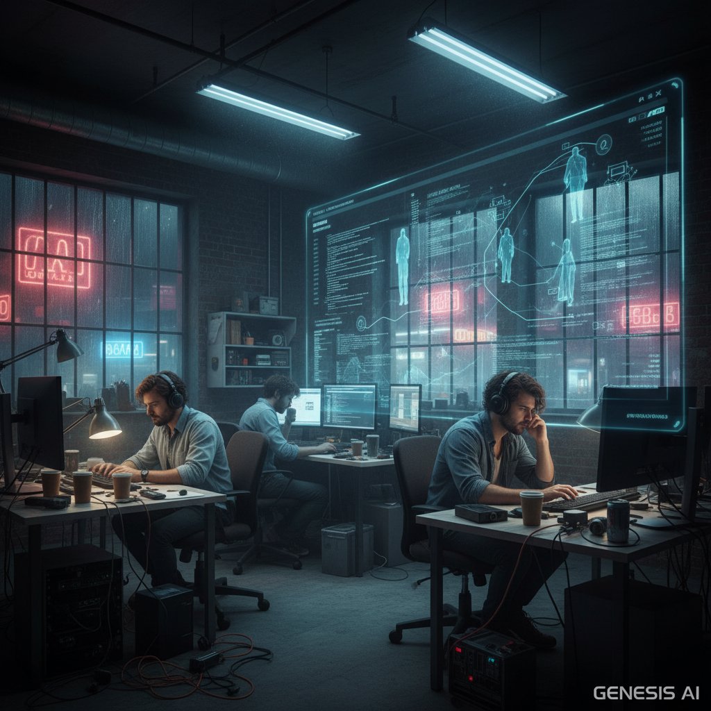 Documentary photo of IT team after hours troubleshooting with digital assistant UI in gritty, high-contrast office, illustrating implementation challenges and teamwork