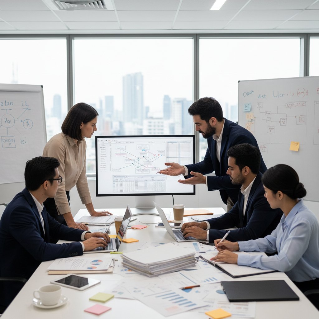 Zespół IT podczas audytu dokumentów, wspólna analiza, atmosfera skupienia i współpracy