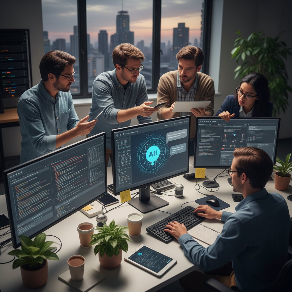 Zespół IT pracujący nad integracją systemów finansowych z chatbotem AI, kod na ekranach