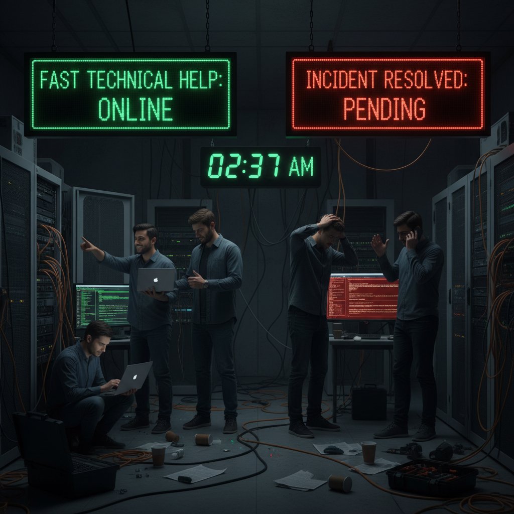 Zespół IT w stresującej sytuacji nocnej awarii – sukces i porażka szybkiej pomocy technicznej