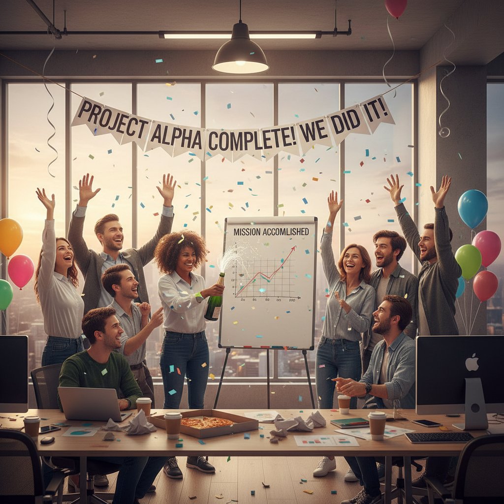 Zespół IT świętujący sukces w biurze po wygranej sprawie, radość i ulga na twarzach