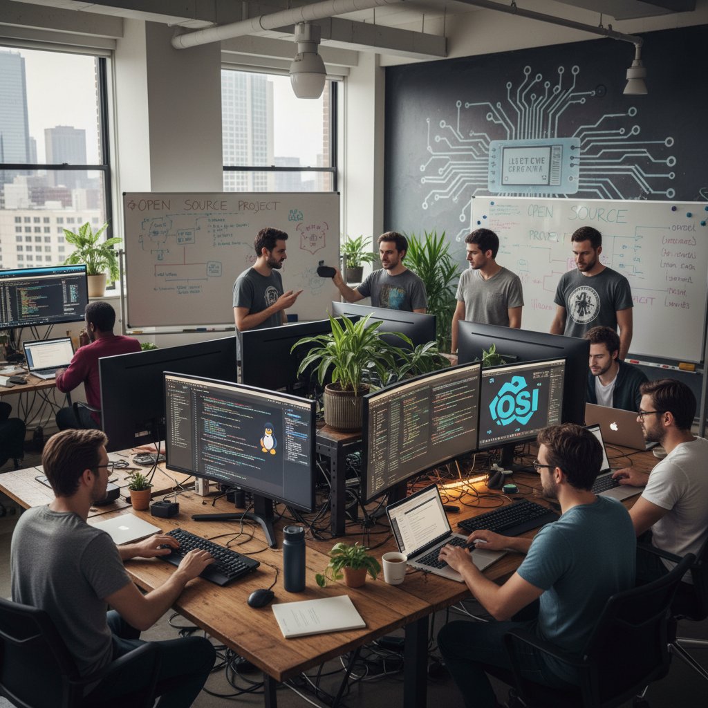 Zespół IT wdrażający open source llm w nowoczesnym biurze, praca nad kodem i bezpieczeństwem