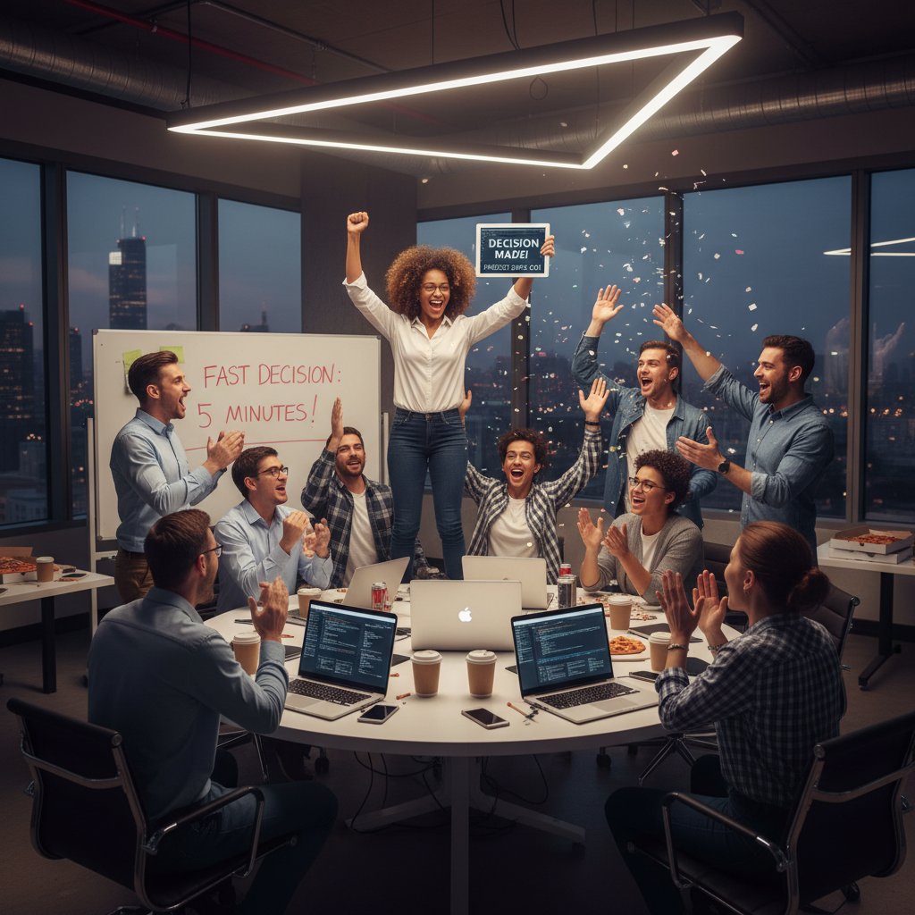Zespół IT świętujący sukces projektu po szybkiej decyzji – przewaga biznesowa