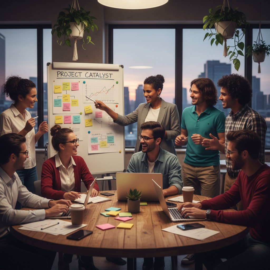 Zespół IT planujący nowy projekt na tablicy, atmosfera entuzjazmu