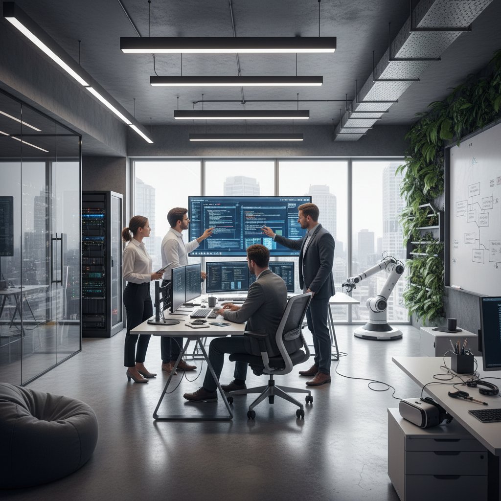 Zespół IT pracujący nad projektem w nowoczesnym biurze