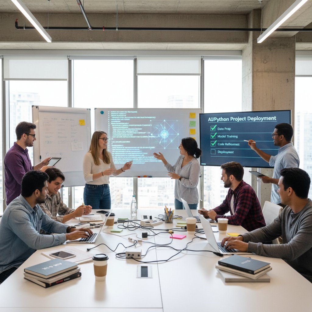 Zespół IT podczas warsztatu wdrożeniowego AI python, tablica z checklistą