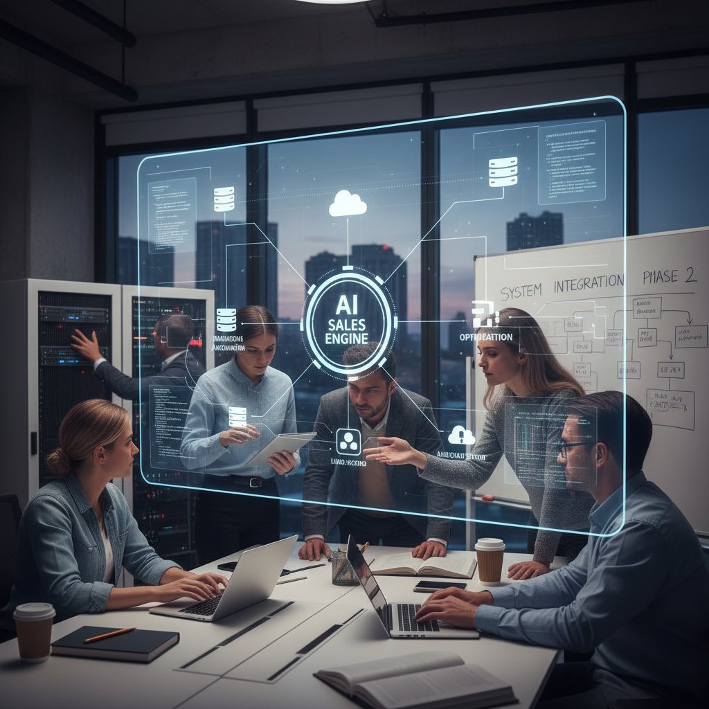 Dział IT wdrażający integrację systemów sprzedażowych i AI w nowoczesnym biurze