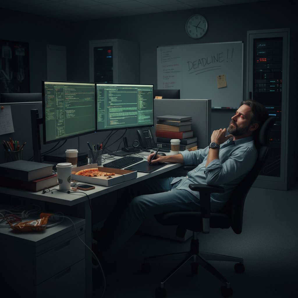 Stres w branży IT – programista przed komputerem z wyraźnym napięciem, ciemne biuro, ekran z kodem