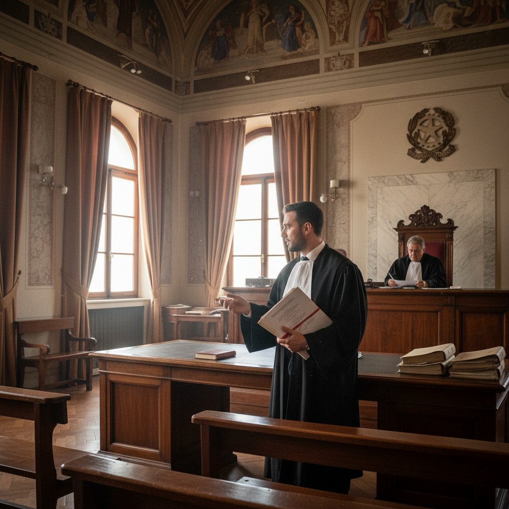 Włoska sala sądowa, adwokatka analizująca dokumenty, intensywna atmosfera – włoski prawniczy online