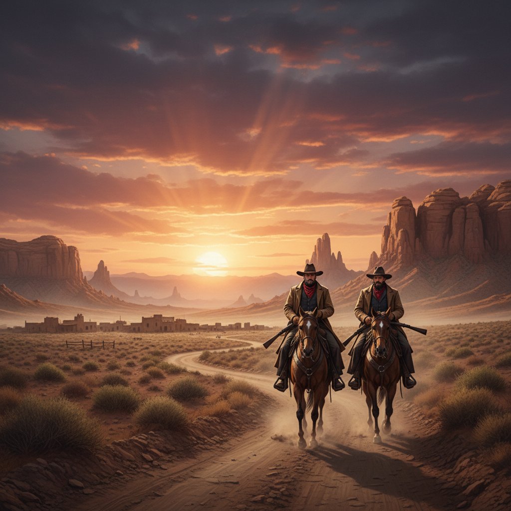 Spaghetti Westerns’ signature look, Italian landscape with rugged cowboys and stylized camera angles