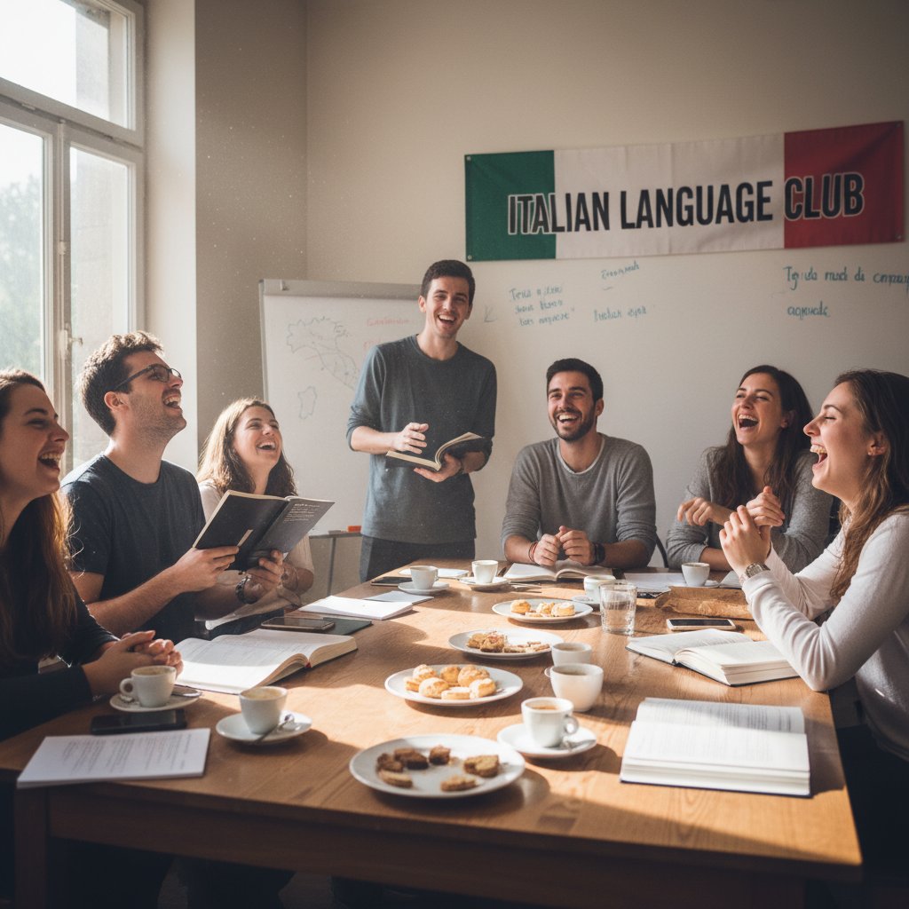 Grupa młodych ludzi na spotkaniu klubu języka włoskiego, rozmawiających i śmiejących się