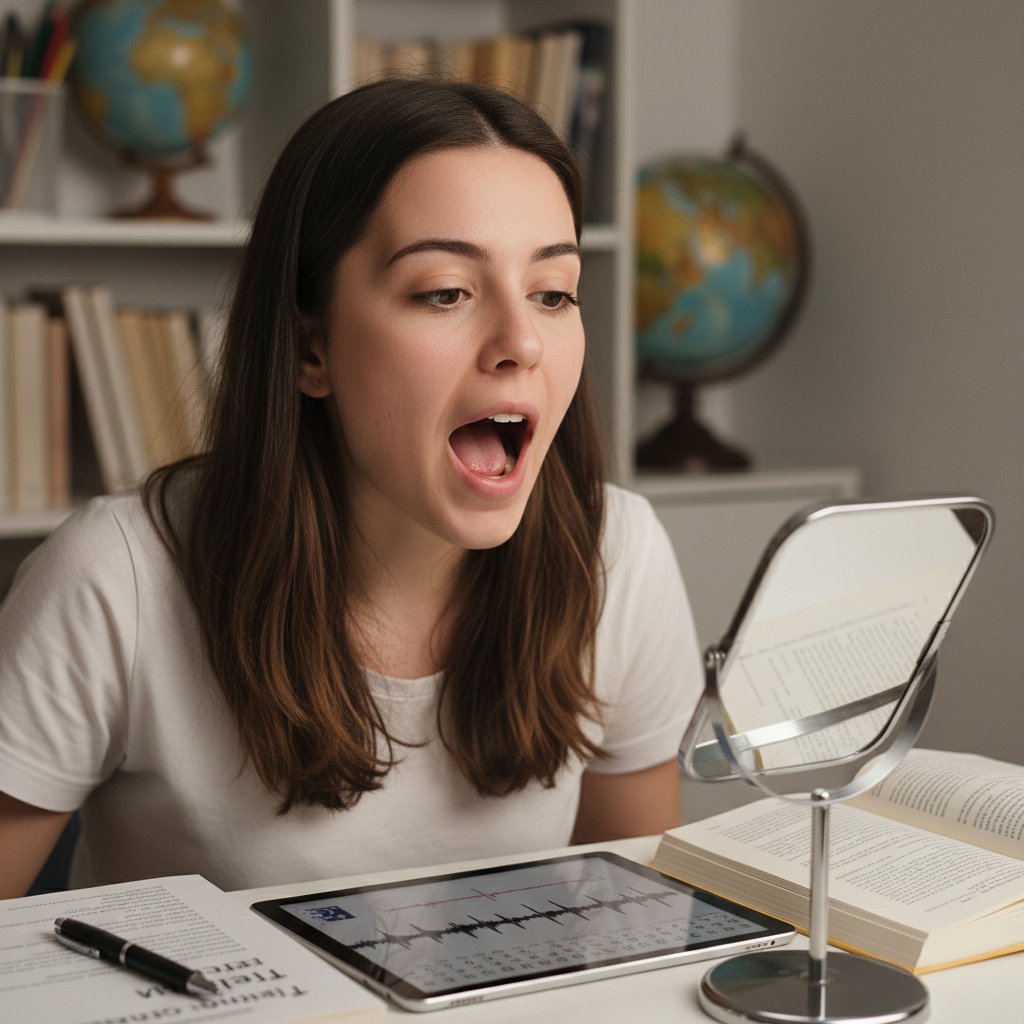 Osoba ćwicząca włoską wymowę, skupiona na ruchu ust i języka