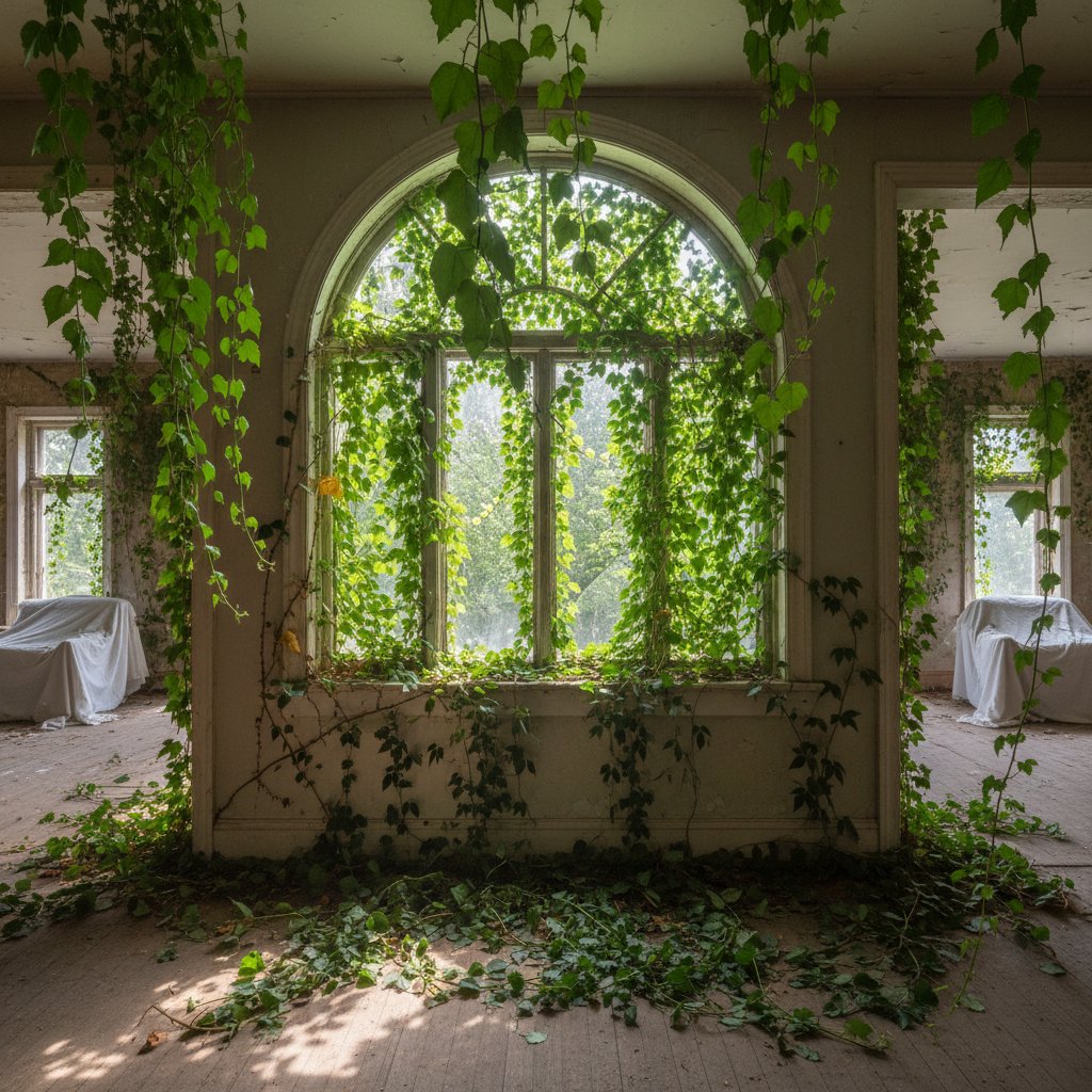 Bluszcz szybko rozrastający się na domowym parapecie, częściowo wchodzący na ścianę