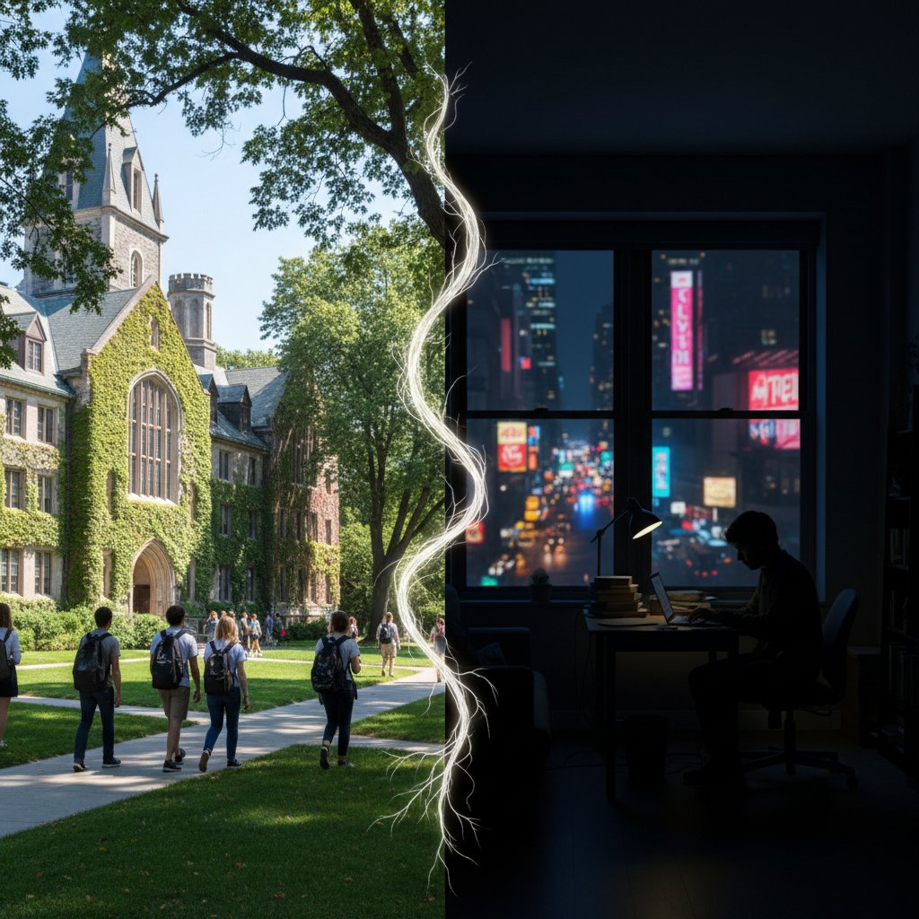 Contrast between academic institutions and freelance writing environments, symbolizing the divide between official academia and the underground market