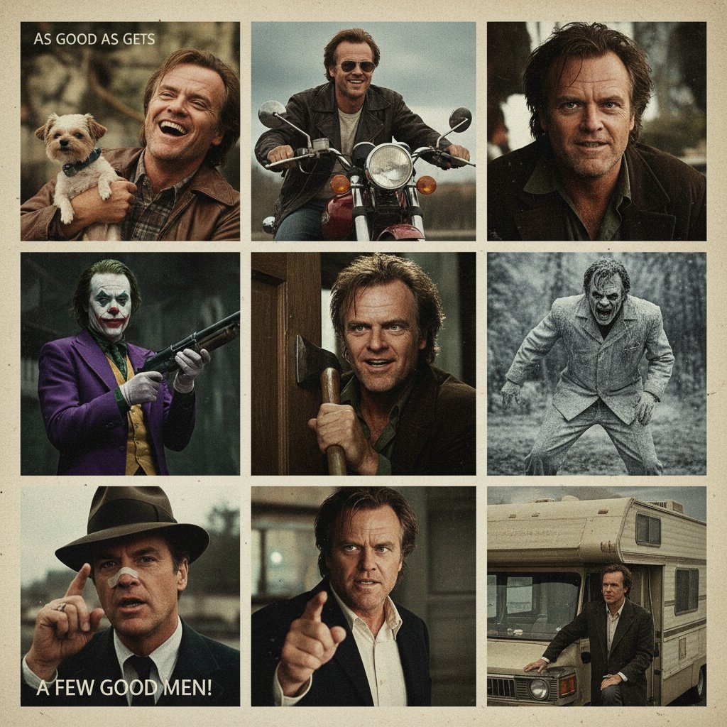 Collage of Jack Nicholson’s most iconic scenes, stylized for modern viewers. Alt: Montage of Jack Nicholson movie moments for fresh discovery in 2025.