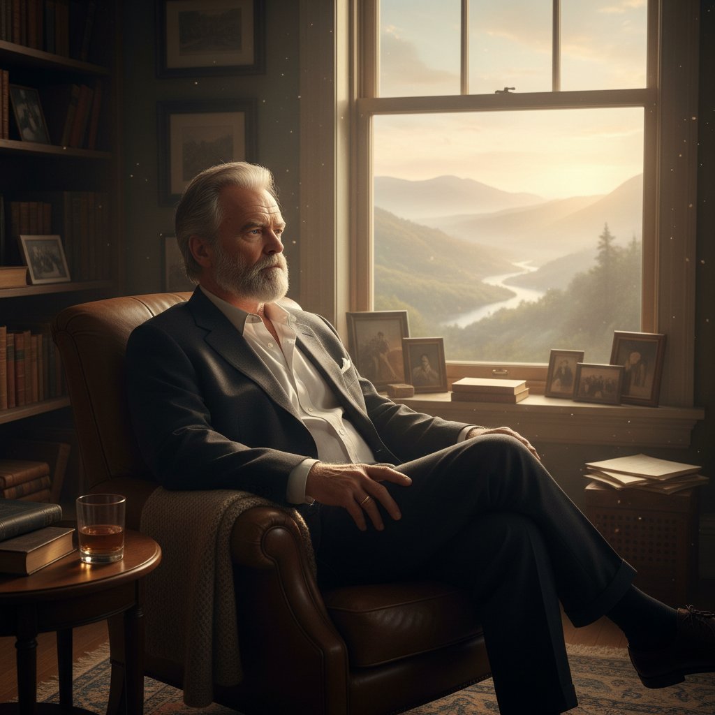 Older Jack Nicholson in a reflective scene, soft lighting. Alt: Jack Nicholson contemplating legacy and aging in his later films.