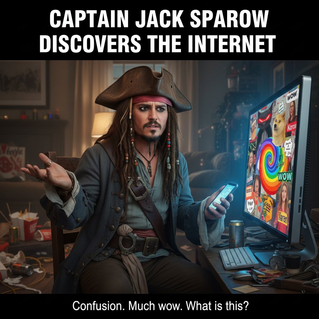 Meme-style image of Jack Sparrow in a surreal internet scenario, 16:9