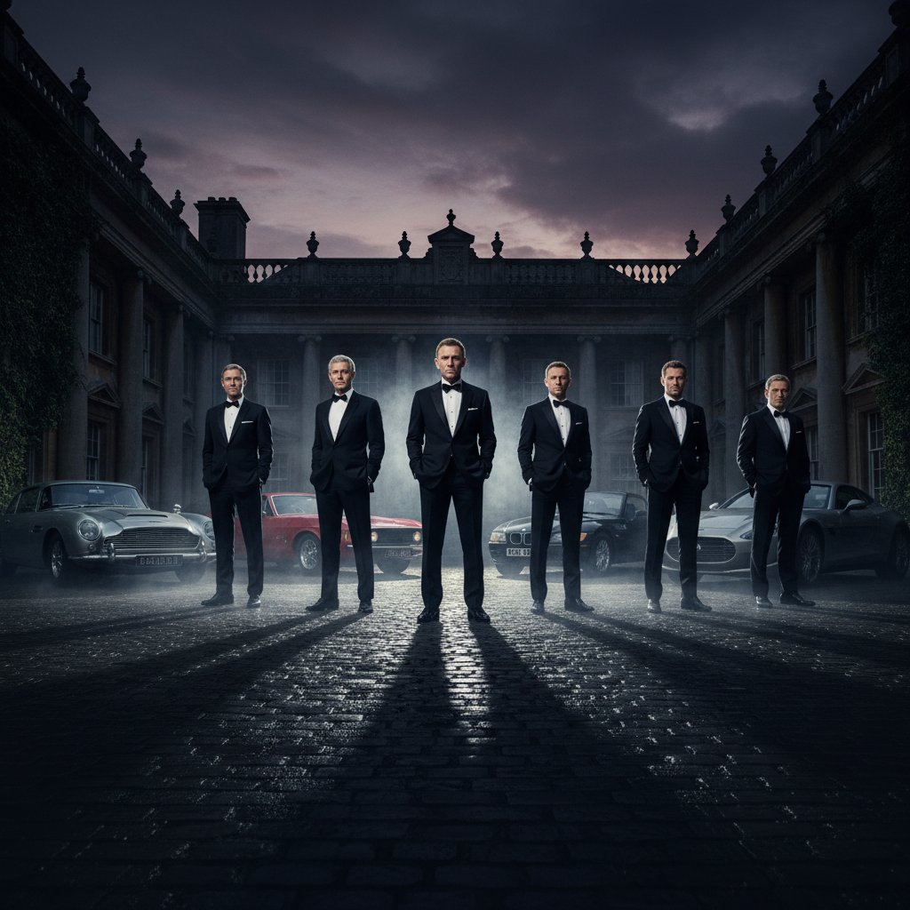 James Bond actors lined up in tuxedos, classic cars in background, dramatic lighting