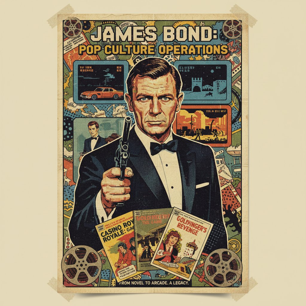 Vintage Bond paperback novels, retro video games, nostalgic pop culture