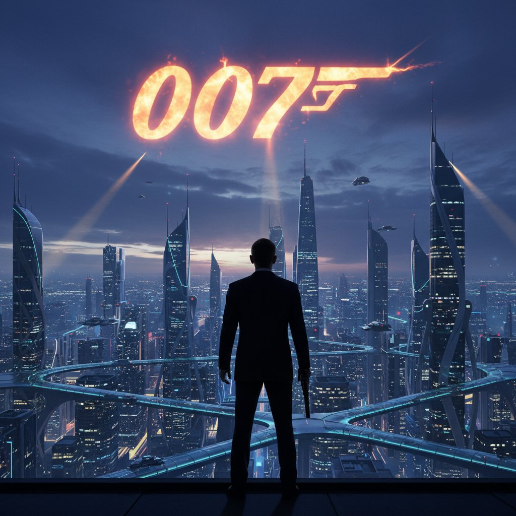 James Bond silhouette walking into the future, cityscape behind, dramatic lighting