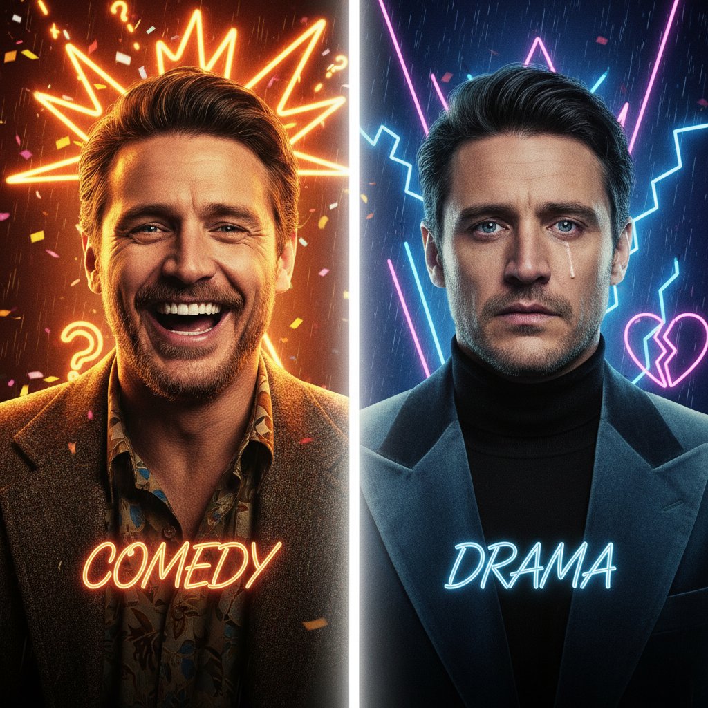 James Franco as both comedian and dramatic actor, split portrait, neon lighting, dramatic facial expressions