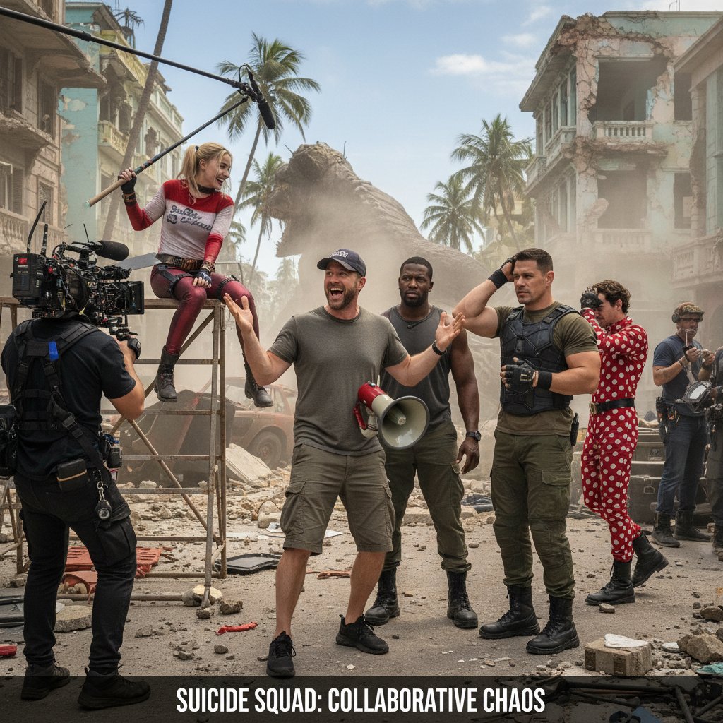 Behind-the-scenes photo of James Gunn directing Suicide Squad cast on set, emphasizing collaborative chaos