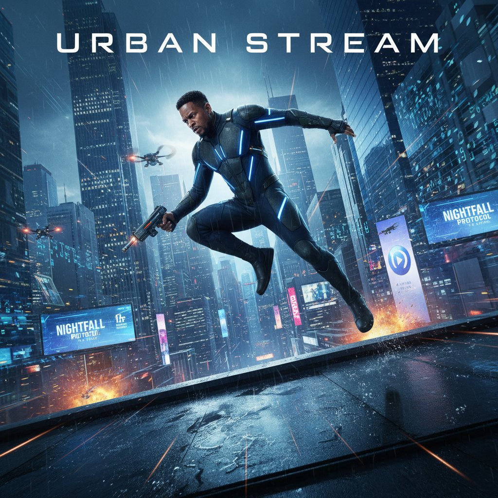 Jamie Foxx in a slick action pose, urban cityscape, modern streaming movie aesthetic, edgy lighting
